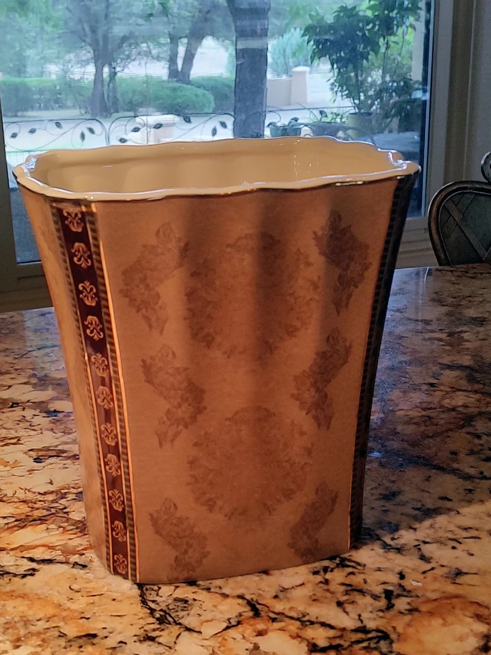 Croscill Brown, Cream and Gold Ceramic Wastebasket with Damask Trim